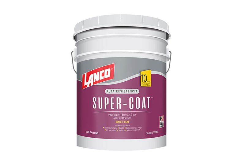 Base látex Super Coat Lanco cubeta Deep Mate Estándar, envase plástico blanco con etiqueta púrpura y amarilla