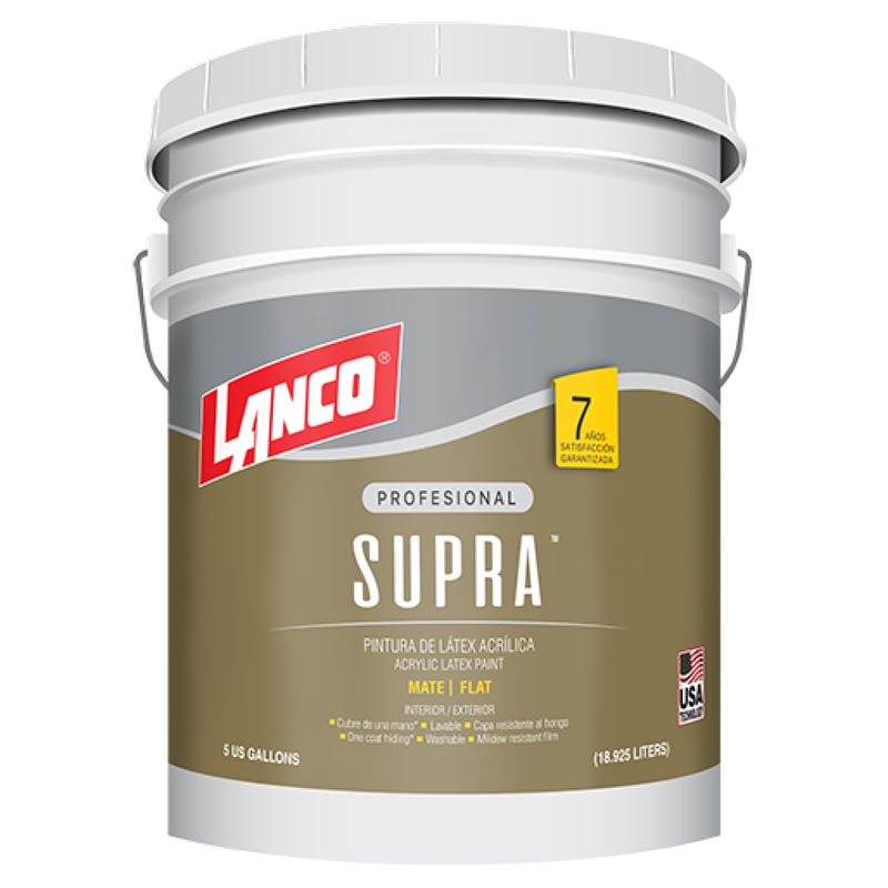 Base látex supra Lanco cubeta pastel mate intermedia, vista frontal de la cubeta blanca con etiqueta marrón y amarilla