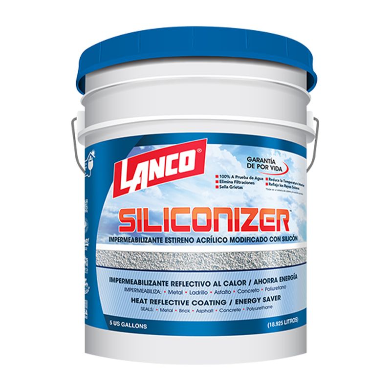 Impermeabilizante para techo Siliconizer Lanco rojo mate estándar, cubeta blanca con tapa azul y etiqueta frontal