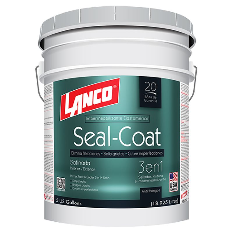 Base látex Seal Coat elastomérica Lanco cubeta accent satinado superior, vista frontal de la cubeta blanca con etiqueta