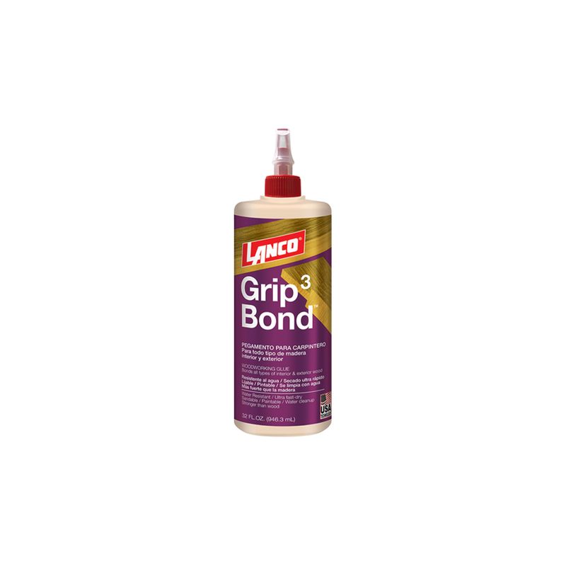 Pegamento para madera Grip Bond 3 amarillo Lanco, envase plástico blanco con tapa roja y etiqueta morada