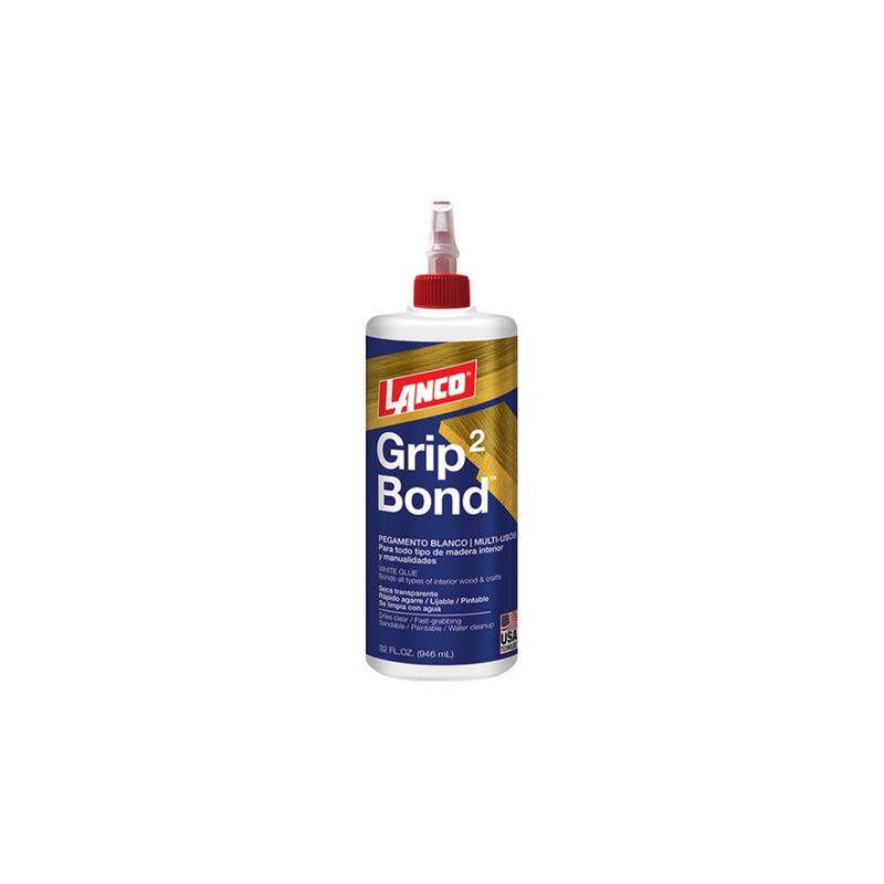 Pegamento escolar Grip Bond 2 blanco Lanco, botella plástica blanca con tapa roja y etiqueta azul y amarilla