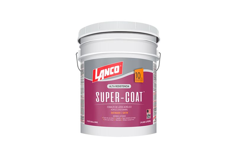 Base Super Coat satín Accent Lanco cubeta, envase plástico blanco con etiqueta morada y roja