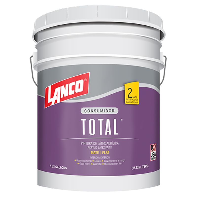 Pintura látex mate total arena cubeta Lanco, envase plástico blanco con etiqueta morada y gris