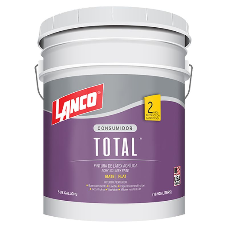 Pintura látex mate total jade Lanco en cubeta, vista frontal del envase con etiqueta morada y blanca