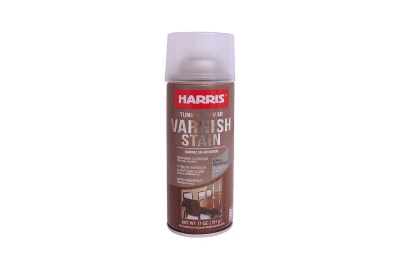 Spray barniz para madera caoba brillante Harris de 11 onzas, envase cilíndrico con tapa blanca y etiqueta marrón