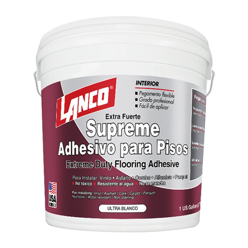 Pegamento multi uso para piso Supreme blanco Lanco, cubeta blanca con etiqueta roja y blanca