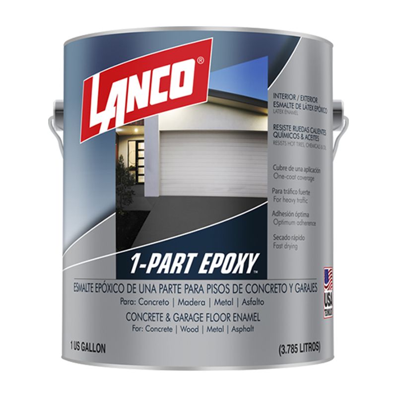 Pintura para piso 1 part epoxi Lanco gris mate superior, envase metálico de un galón con ilustración de garaje