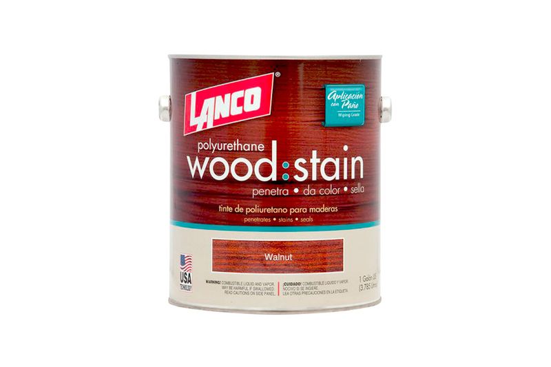 Tinte para madera interior poliuretano nogal Lanco, envase metálico cilíndrico con etiqueta roja y blanca