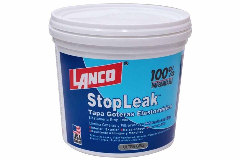 Tapagotera Stop Leak Lanco gris mate estándar, envase plástico blanco con etiqueta azul y roja