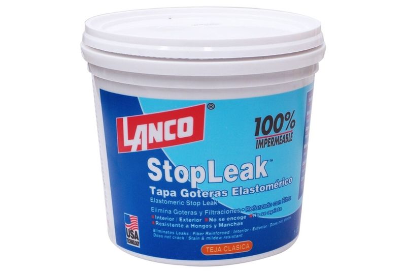Tapagotera Stop Leak Lanco teja mate estándar, envase plástico blanco con etiqueta azul y roja