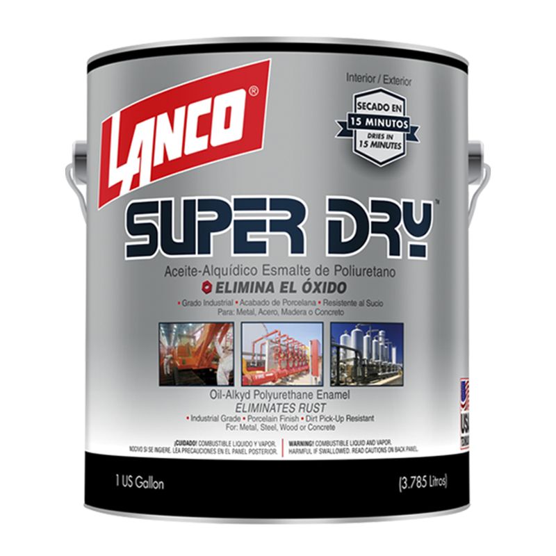 Pintura esmalte Super Dry Lanco blanco brillante superior, envase metálico de 1 galón con etiqueta frontal
