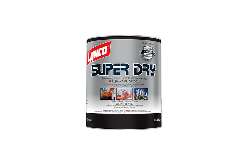 Pintura esmalte Super Dry Lanco negro brillante superior, envase cilíndrico blanco con etiqueta frontal