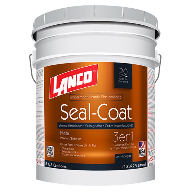 Pintura látex seal coat elastomérica blanco mate Lanco en cubeta, vista frontal del envase blanco con etiqueta naranja
