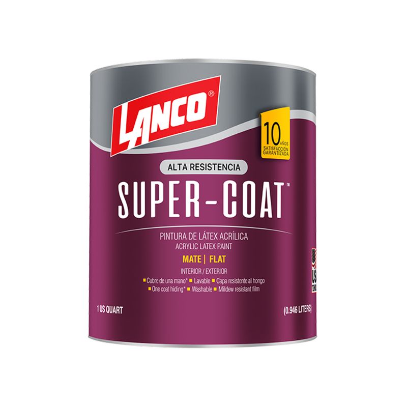 Pintura látex Super Coat blanco mate Lanco, envase cilíndrico de metal con etiqueta color púrpura y gris
