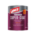 Pintura Super Coat satín blanco Lanco de cuarto, envase cilíndrico con etiqueta color púrpura y logo rojo