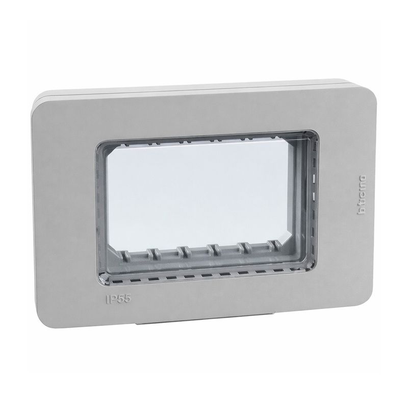 Tapa gris para caja Idrobox Matix Go IP55 Bticino, vista frontal del marco y la ventana transparente
