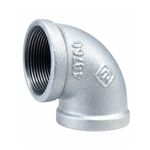 Codo de 90° de hierro galvanizado de 1-1/2 pulgadas Foset, vista lateral del interior roscado y cuerpo metálico