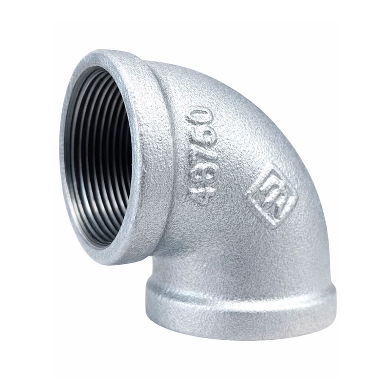 Codo de 90° de hierro galvanizado de 1-1/2 pulgadas Foset, vista lateral del interior roscado y cuerpo metálico