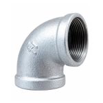 Codo de 90° de hierro galvanizado de 1-1/2 pulgadas Foset, vista en ángulo resaltando la rosca interna