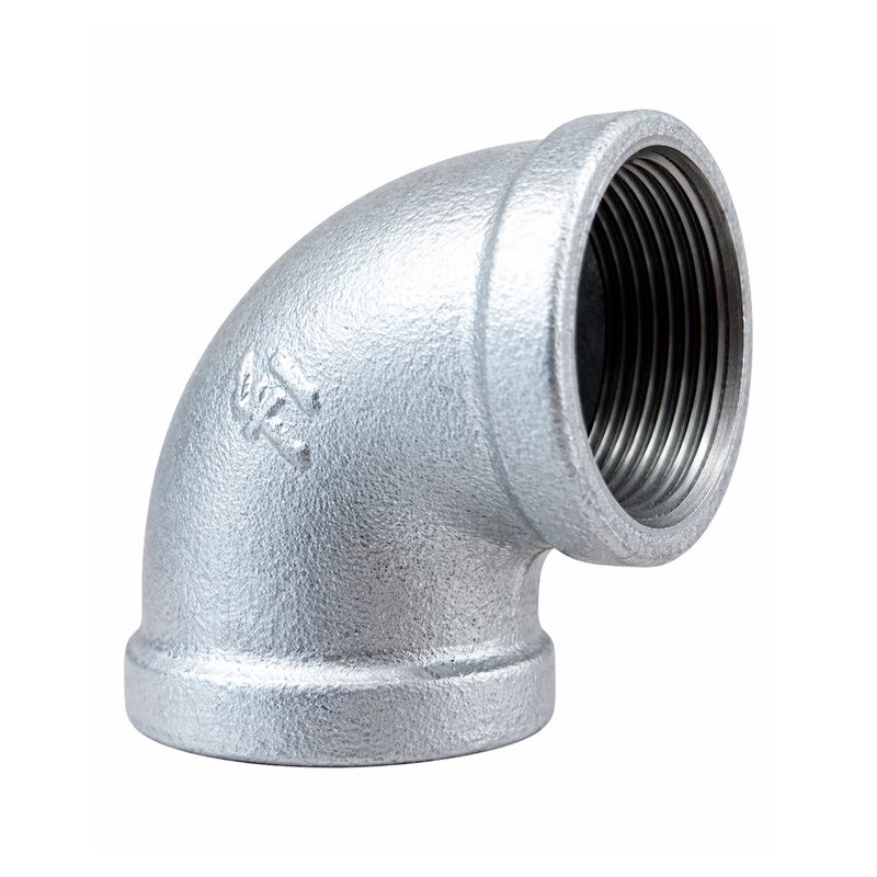 Codo de 90° de hierro galvanizado de 1-1/2 pulgadas Foset, vista en ángulo resaltando la rosca interna