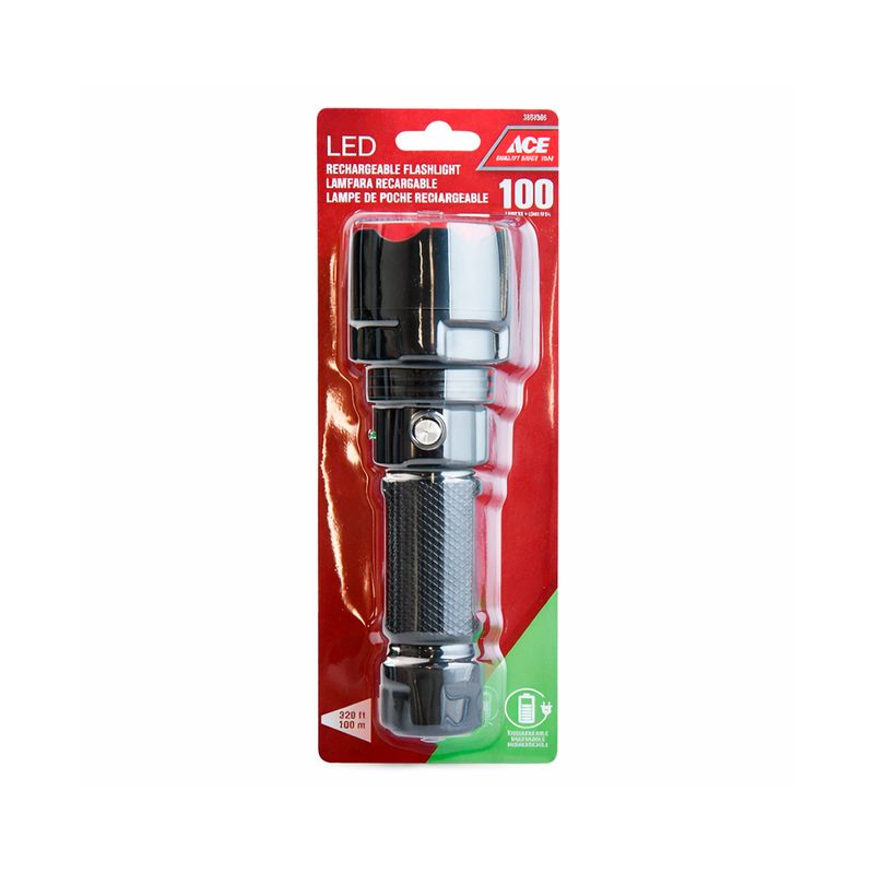Linterna de mano recargable 100 lúmenes Ace, en su empaque plástico con cartón rojo y blanco