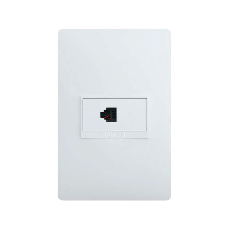 Toma sencillo RJ45 telefónico Cat6 color blanco Luzica Bticino, vista frontal de la placa con el conector central