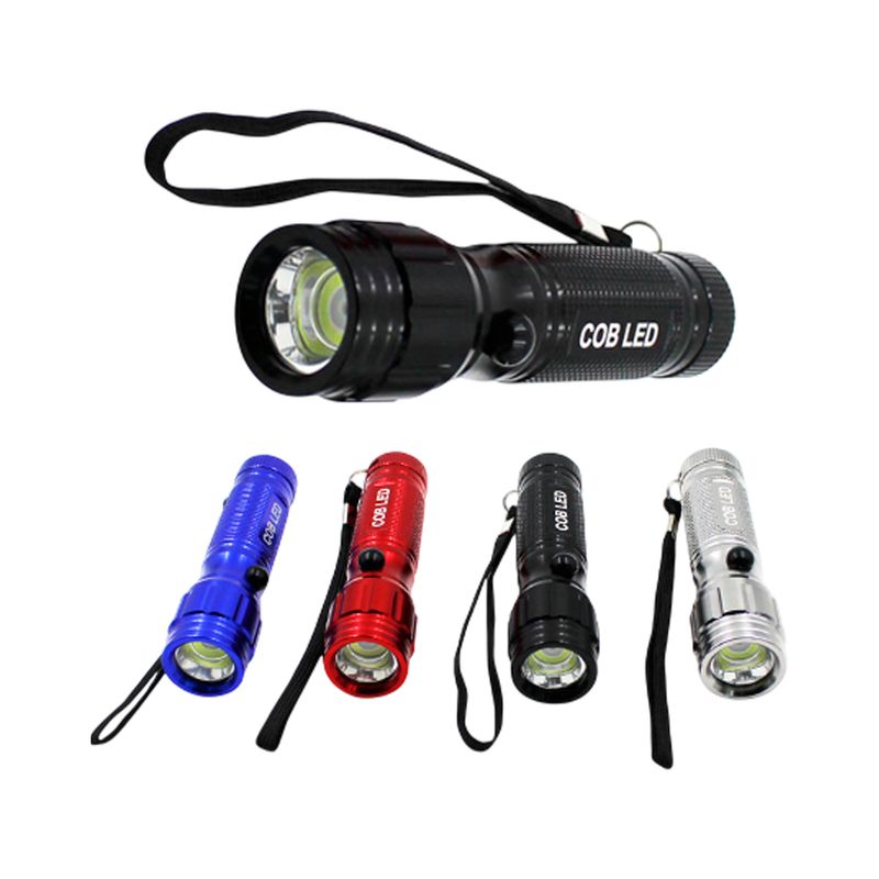 Linterna LED COB con láser Diamond Visions, modelo negro en primer plano y versiones en azul, rojo y plata debajo