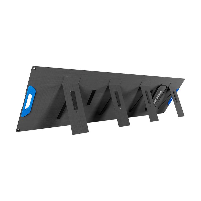 Panel solar portable para Titan 200 W Forza, vista posterior del panel negro con soportes inclinados y asa azul