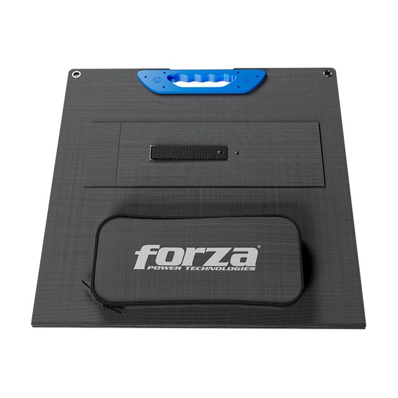 Panel solar portable p/Titan 200 W Forza, vista posterior con asa azul y estuche negro de transporte