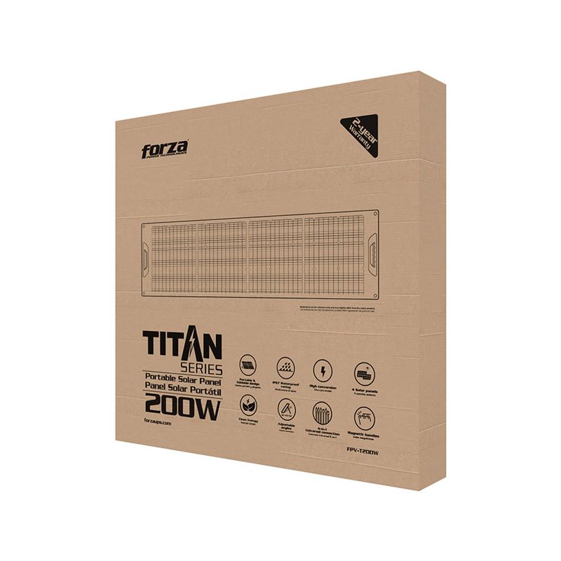 Panel solar portable p/Titan 200 W Forza, empaque de cartón marrón con especificaciones técnicas e ilustración