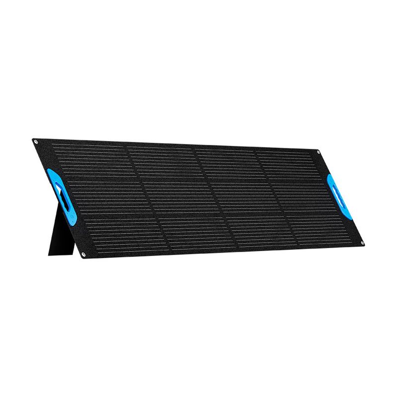 Panel solar portable para Titan 200 W Forza, vista frontal inclinada con asa azul en los laterales