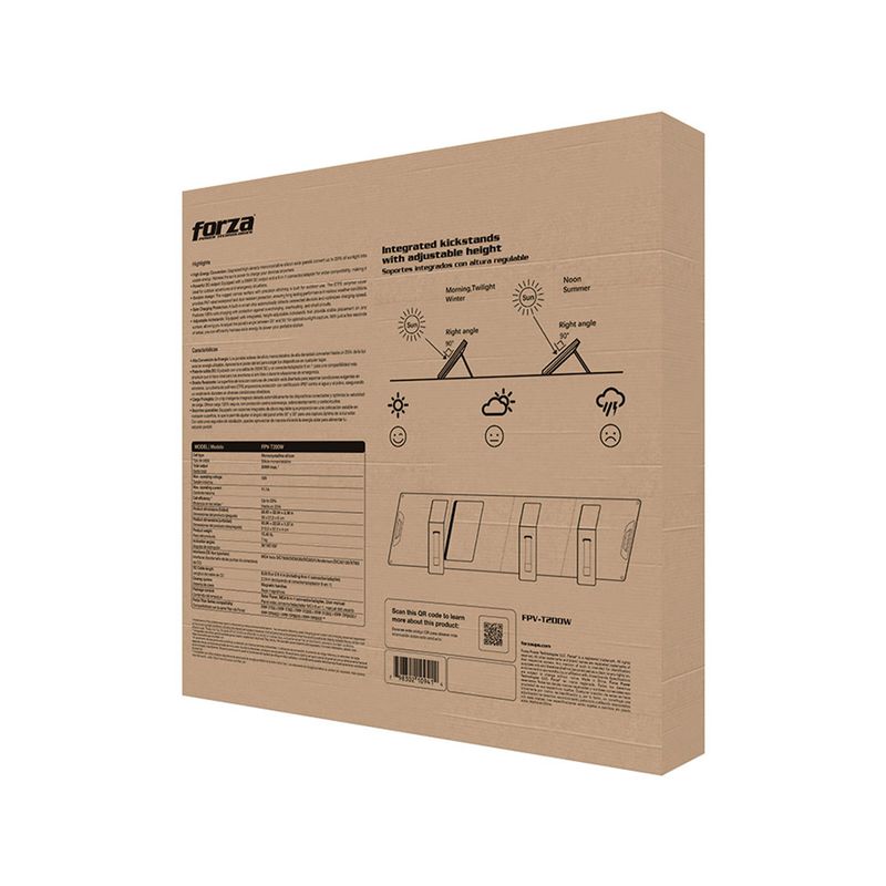 Panel solar portable p/Titan 200 W Forza, parte posterior de la caja con especificaciones técnicas y diagrama de uso