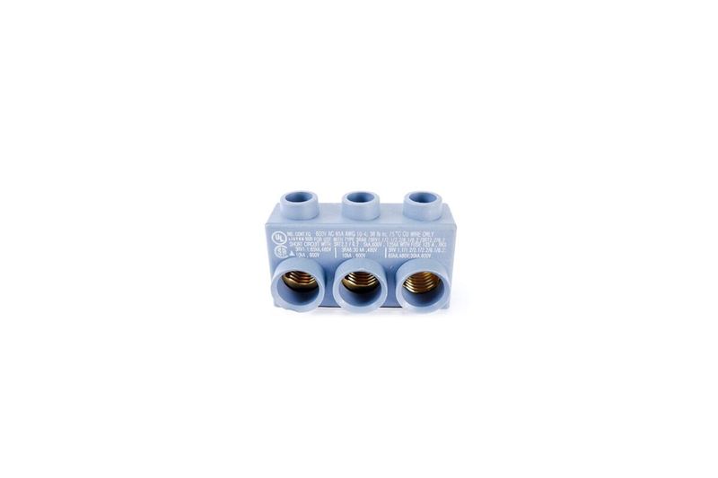Borne acometida trifásica para guardamotores Siemens S0-S00 conexión por abajo, vista frontal detallando especificaciones