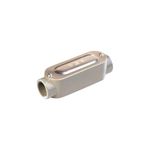Caja condulet C con tapa y empaque Rawelt Southwire de 2 pulgadas, vista en perspectiva del cuerpo metálico y sus tornillos