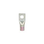 Terminal de ojo 4/0 AWG 1/2 pulgadas Scotchlok, vista frontal de la pieza metálica con perforación y marca en rosa