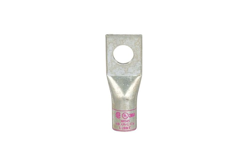 Terminal de ojo 4/0 AWG 1/2 pulgadas Scotchlok, vista frontal de la pieza metálica con perforación y marca en rosa