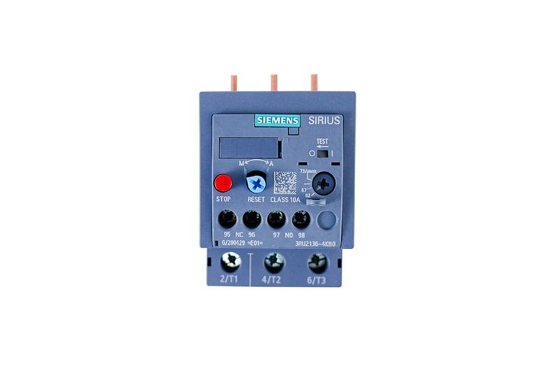 Relé sobrecarga bimetal Sirius Innovation S2 62 - 73A Siemens, vista frontal del dispositivo con terminales y botones