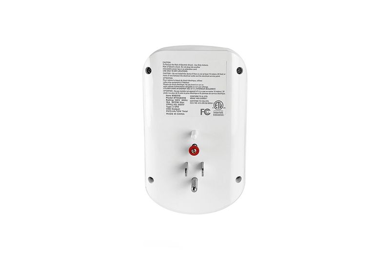 Adaptador smart con supresor 2P-USB 6sal 2.4 AMP 120-240V Westinghouse, vista trasera con pines eléctricos y etiquetas