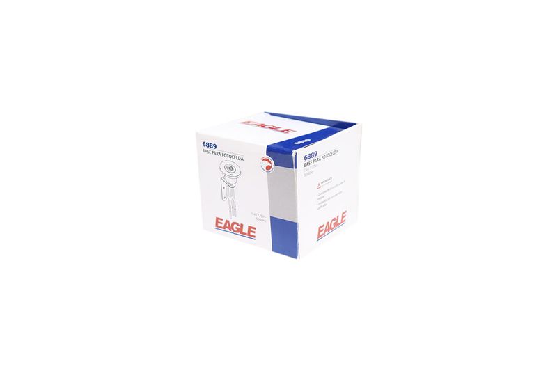 Base para fotocelda con brazo 125/220V Eagle, caja de empaque blanca con ilustración del producto y logo rojo
