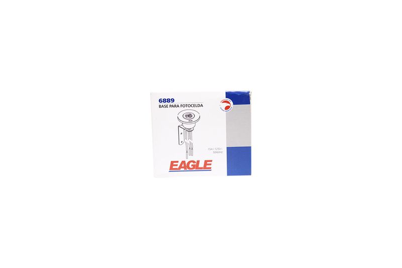 Base para fotocelda con brazo 125/220 V Eagle, empaque de cartón blanco con ilustración del producto y marca