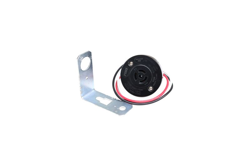 Base para fotocelda con brazo 125/220V Eagle, soporte metálico plateado junto a la base circular negra con cables