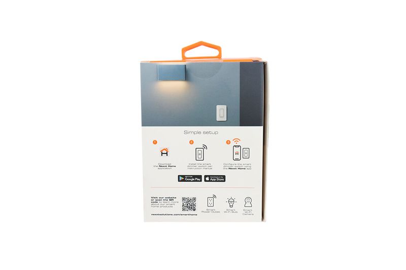 Dimmer remoto Smart LED 15 A blanco 120/240 V Nexxt, parte posterior de la caja con guía de configuración simple