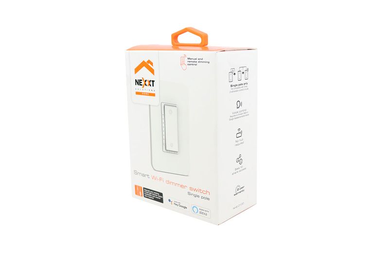 Dimmer remoto smart LED 15A blanco 120/240V Nexxt, empaque de cartón blanco con detalles naranjas e ilustración del equipo