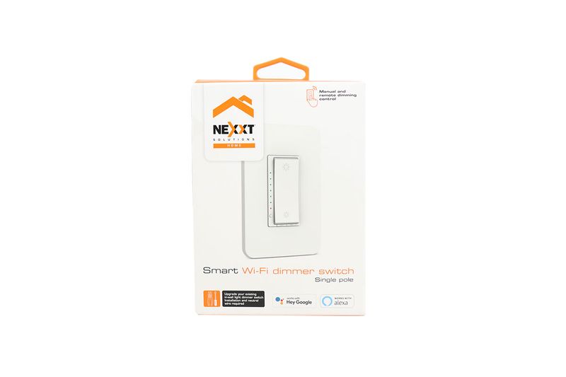 Dimmer remoto smart LED 15 A blanco 120/240 V Nexxt, empaque frontal con ilustración del interruptor y logotipos