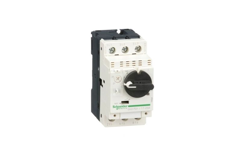 Guardamotor 17-23 amp accionamiento giratorio D09-D3 Schneider Electric, vista frontal del dispositivo blanco y negro