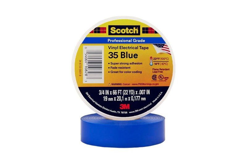 Tape eléctrico 3/4 pulgadas Scotch 35 3M de 20 m, rollo azul con etiqueta amarilla y blanca