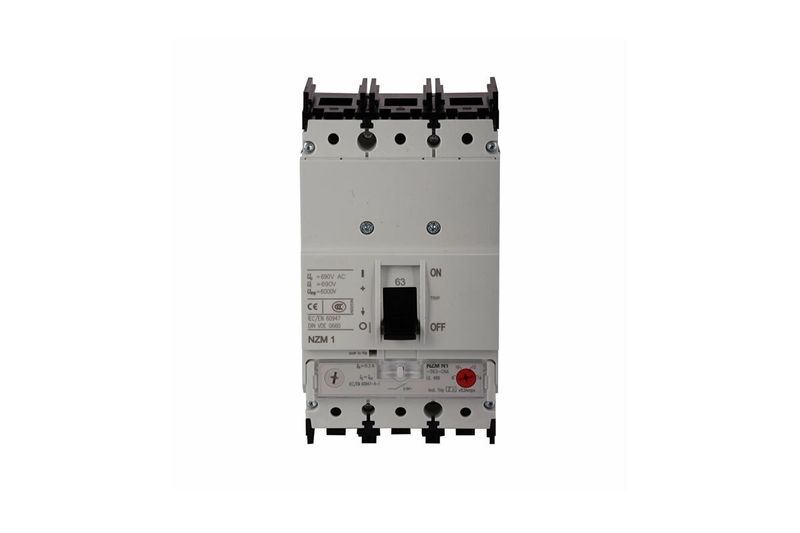 Guardamotor con accionamiento giratorio 63 - 80 A Eaton, vista frontal del dispositivo eléctrico sobre fondo blanco