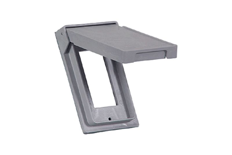 Placa 1 gang para intemperie Decorator gris vertical Eaton, vista lateral con la tapa protectora abierta
