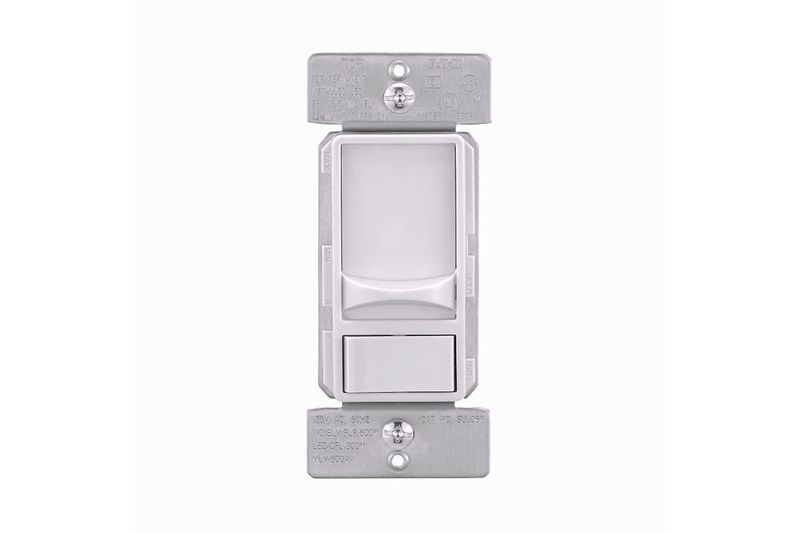 Dímer universal decorator 15 A 120/277 V blanco Eaton, vista frontal del dispositivo con perilla y botón de encendido